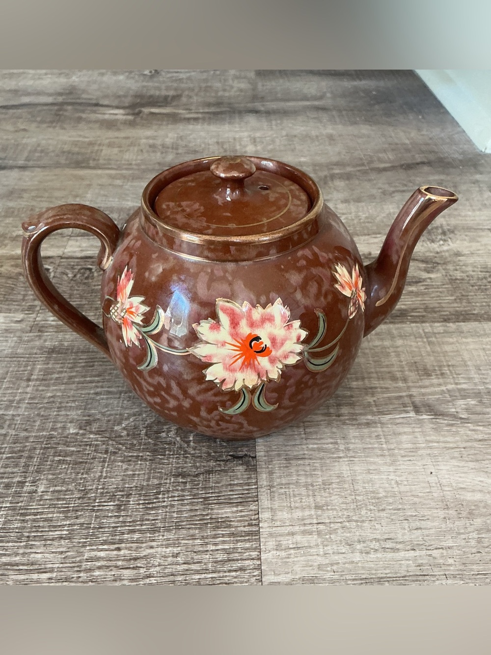 Gibson Brown Ceramic Teapot with Pink and Cream Floral Motif